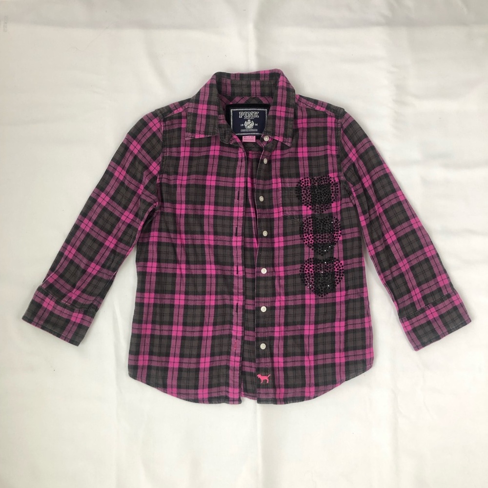 PINK Embellished Hearts Plaid Button Up Shirt